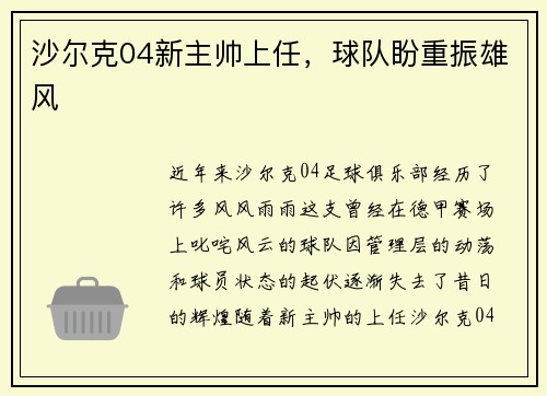 沙尔克04新主帅上任，球队盼重振雄风